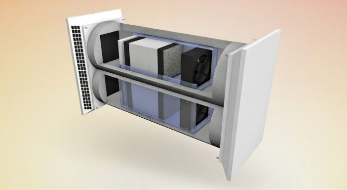 Schematischer Aufbau einer dezentralen Lüftungsanlage mit Wärmerückgewinnung